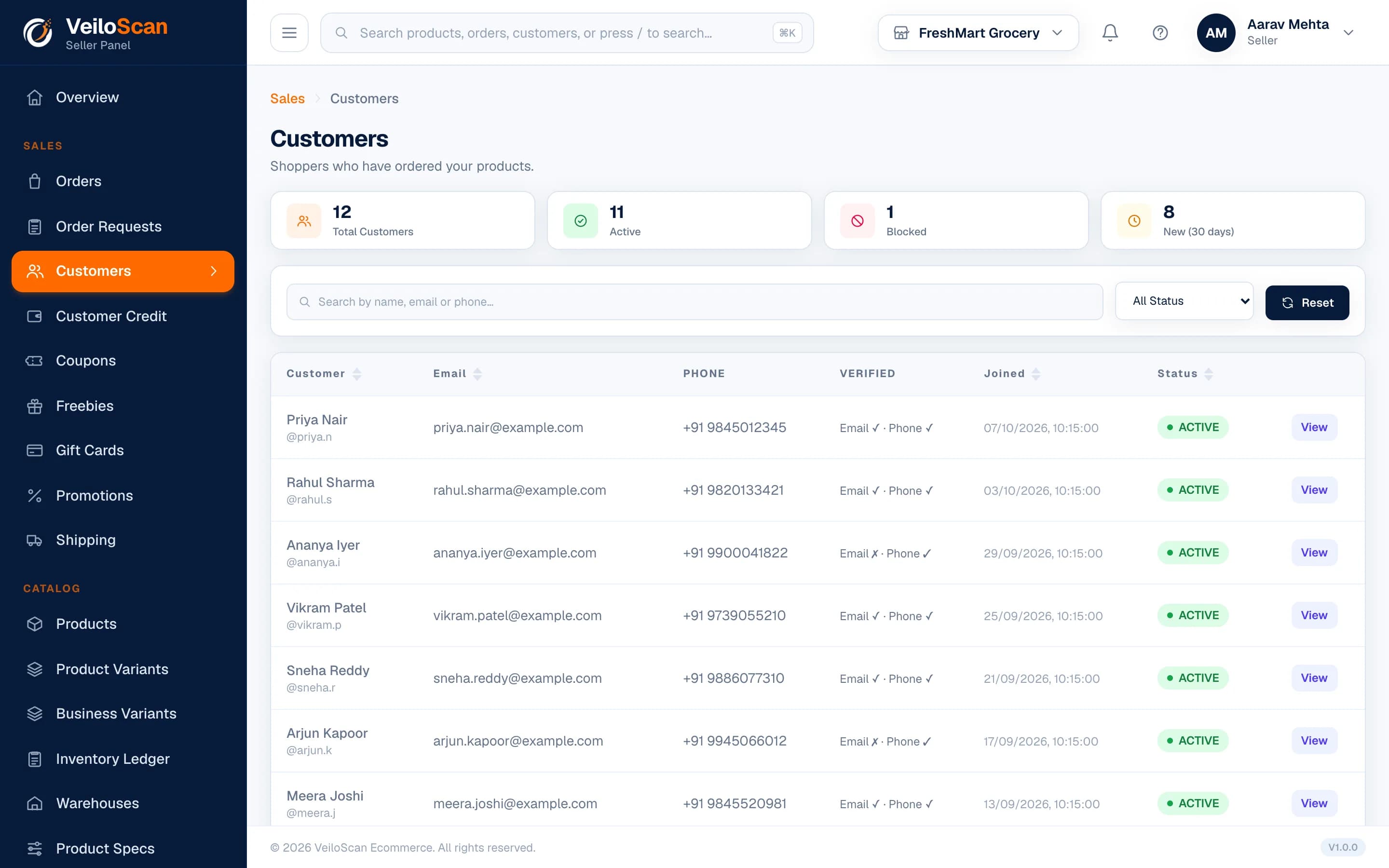 Customers: VeiloScan Seller Panel screenshot