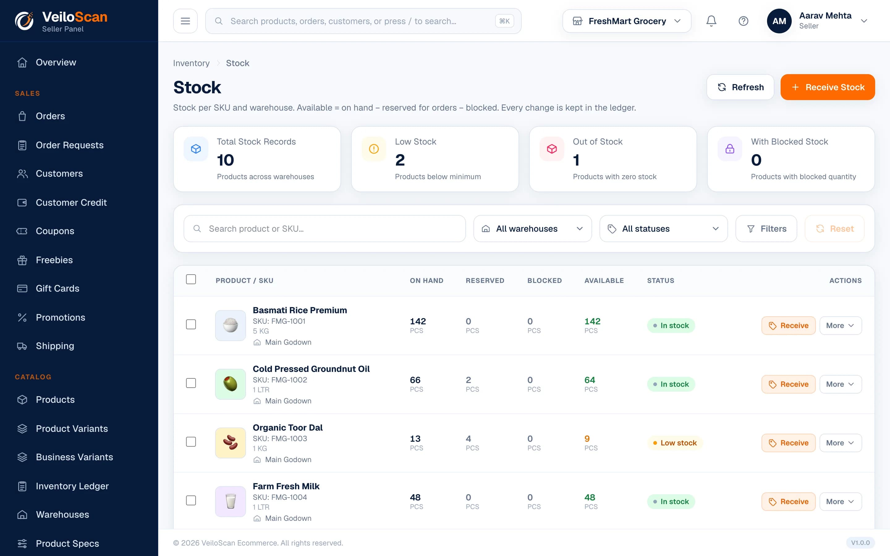 Stock & Inventory: VeiloScan Seller Panel screenshot