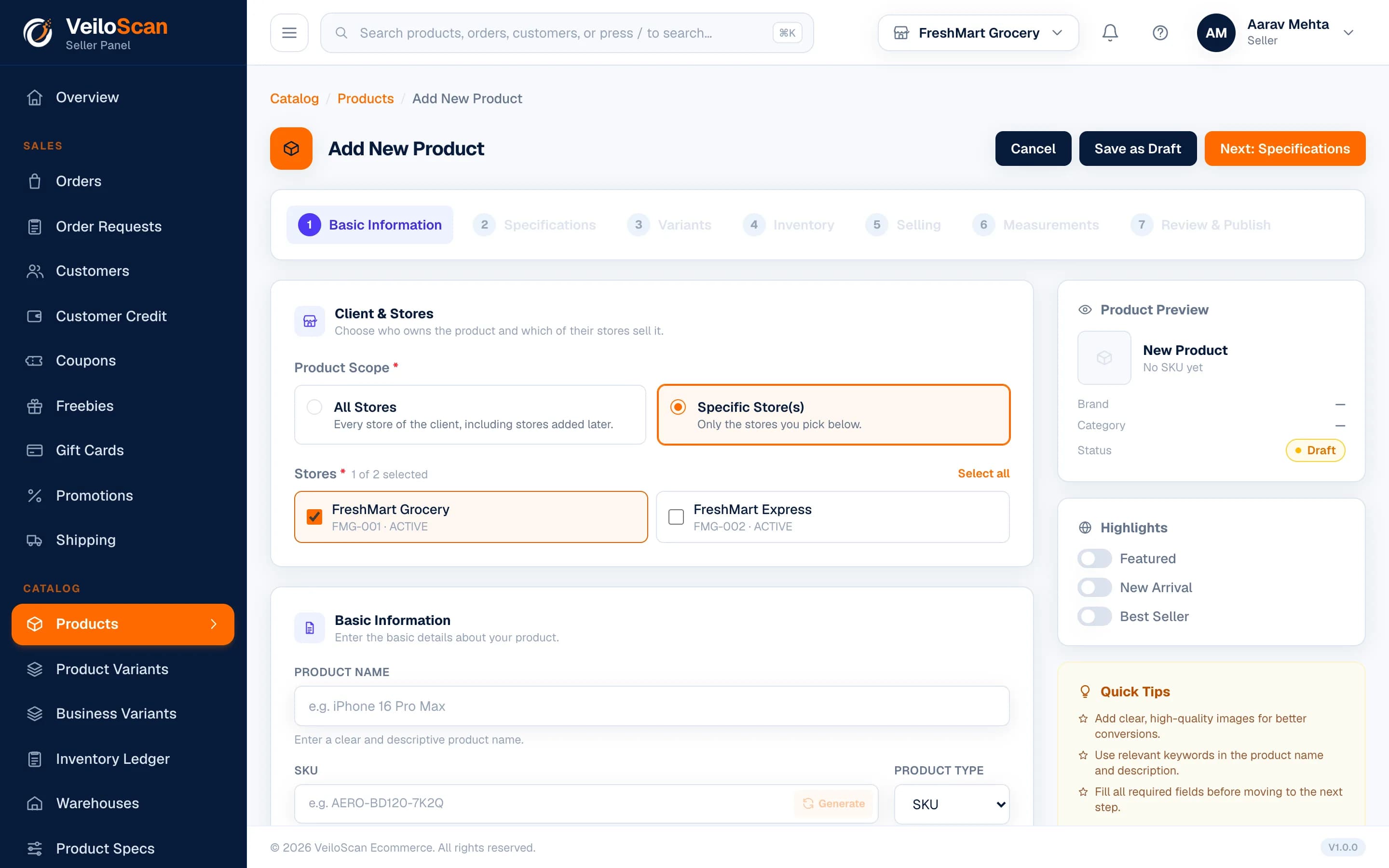 Add Product Wizard: VeiloScan Seller Panel screenshot