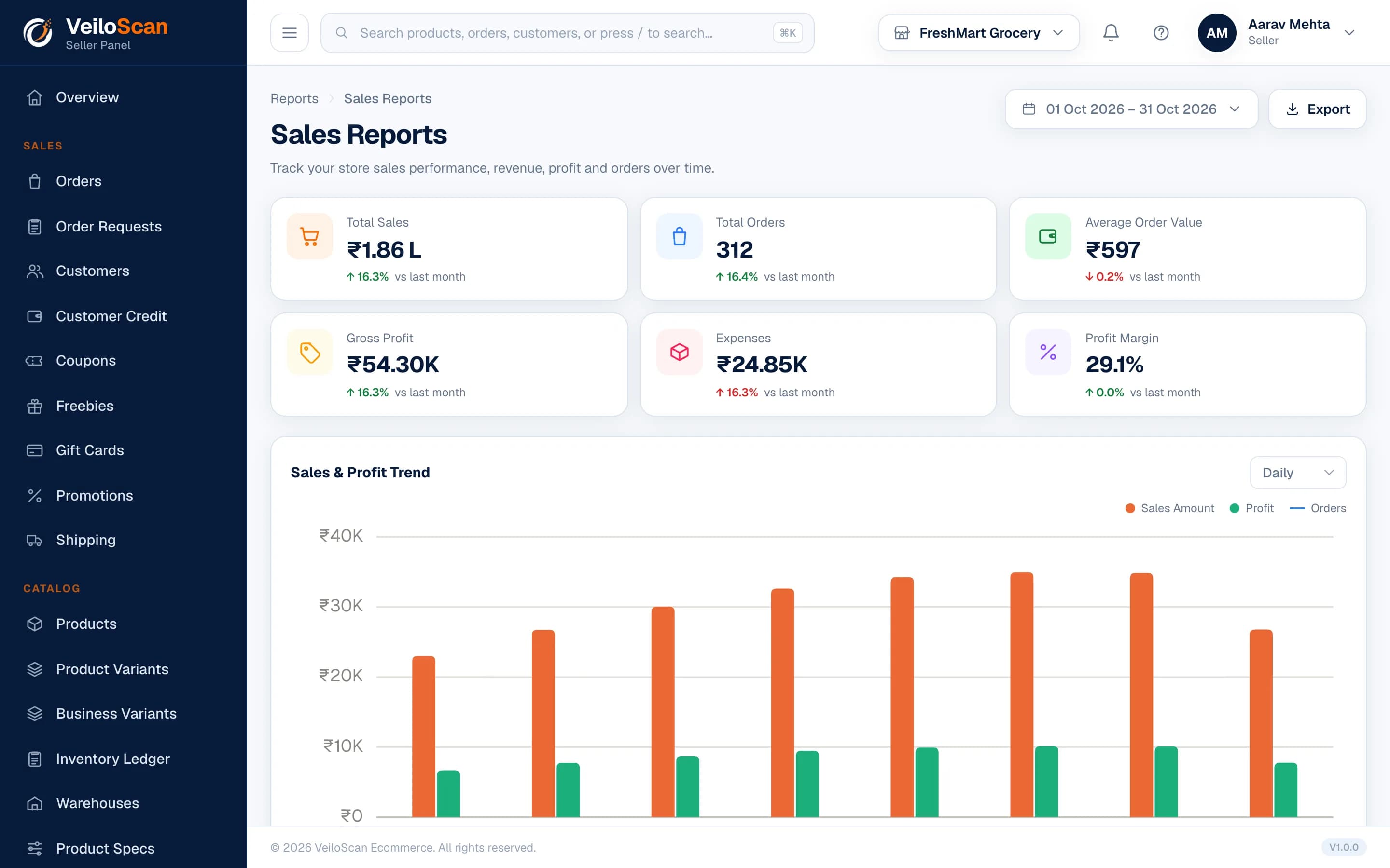 Sales Reports: VeiloScan Seller Panel screenshot