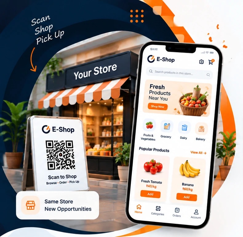 Your Store storefront with an E-Shop Scan to Shop QR stand and the E-Shop app on a phone