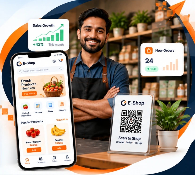Store owner with the E-Shop app, sales growth and new orders cards, and a Scan to Shop QR stand