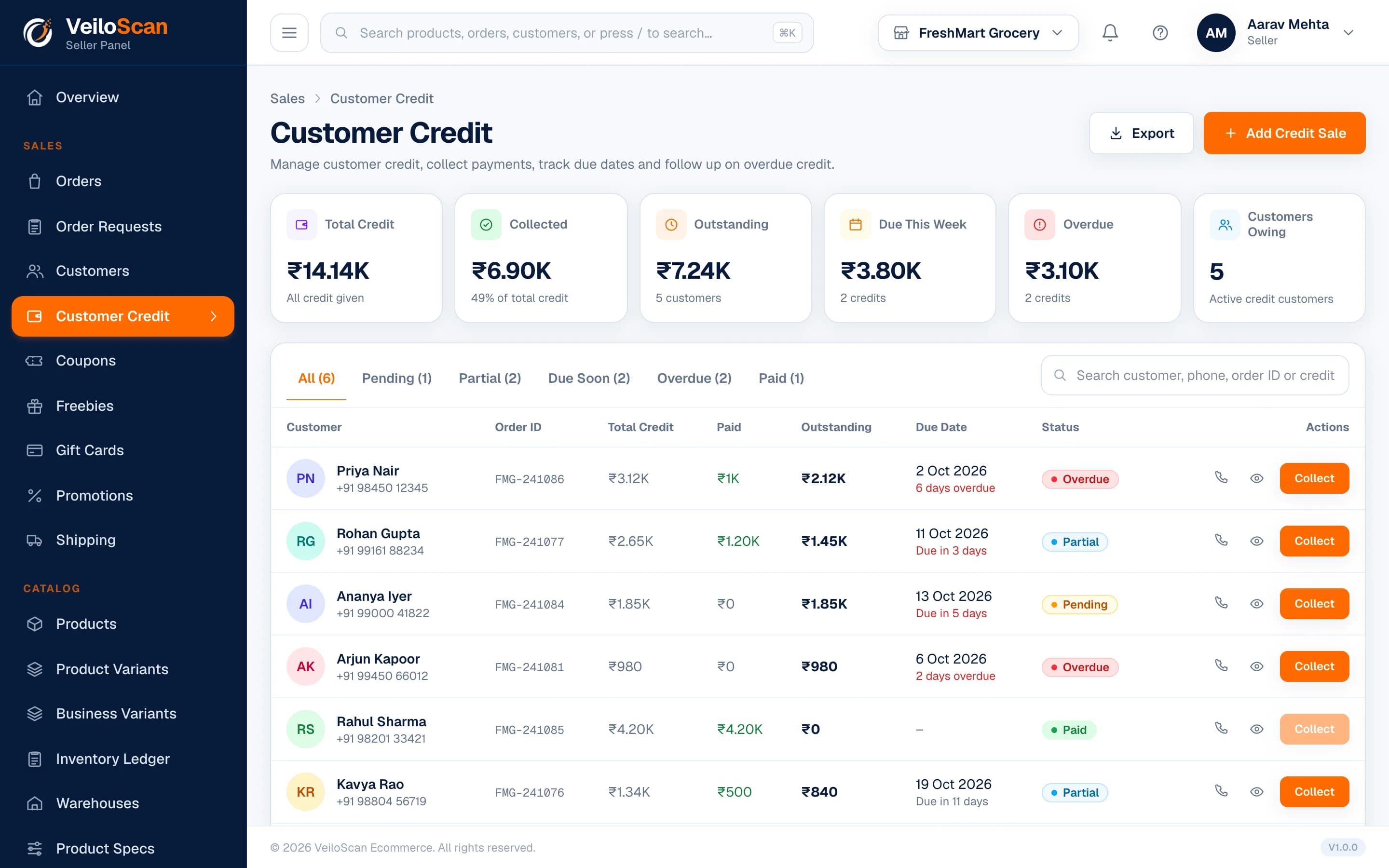 Customer credit screen in the VeiloScan Seller Panel