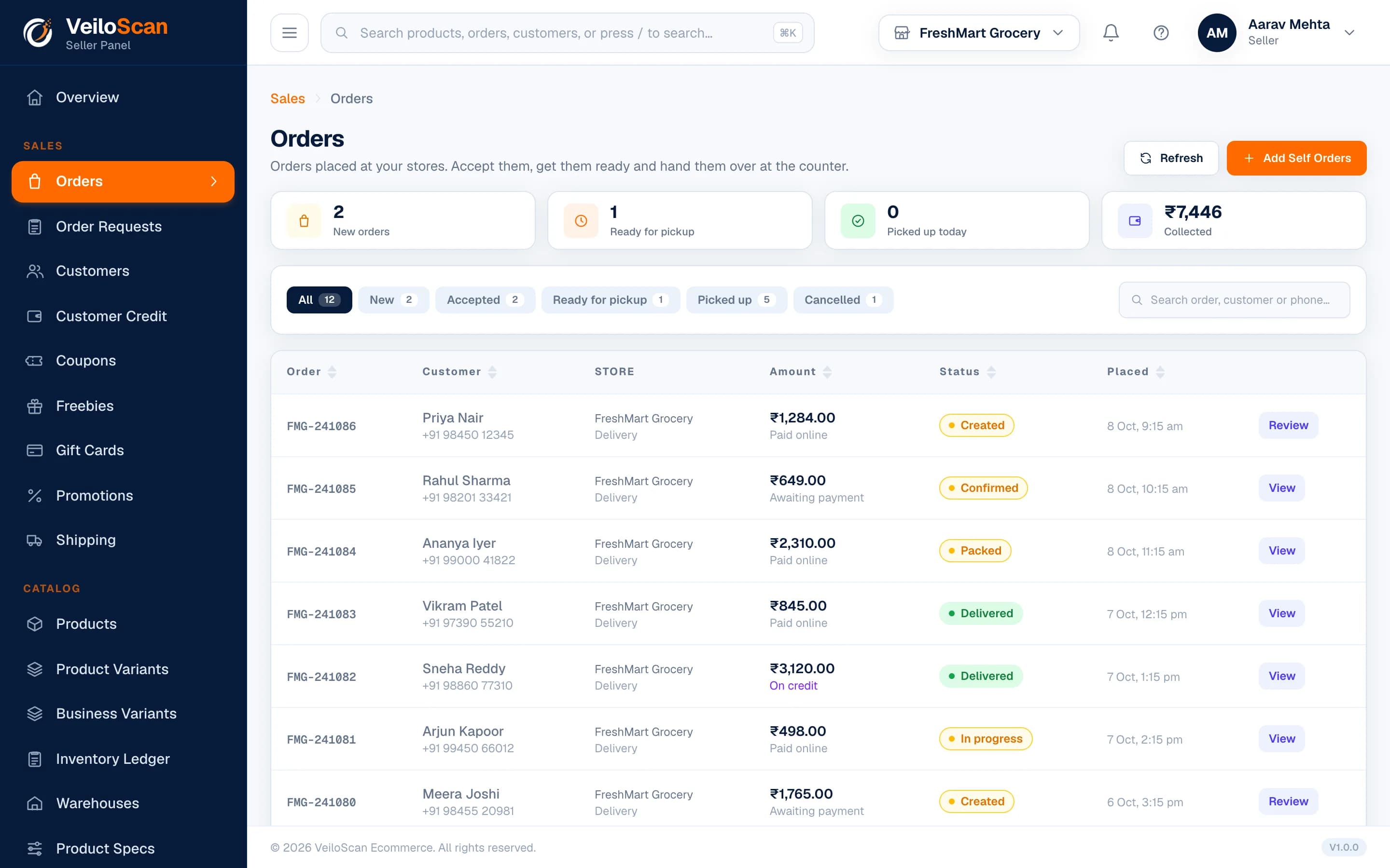 Order management screen in the VeiloScan Seller Panel